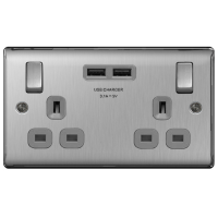 BG Nexus Metal Brushed Steel Double USB Socket Grey Inserts